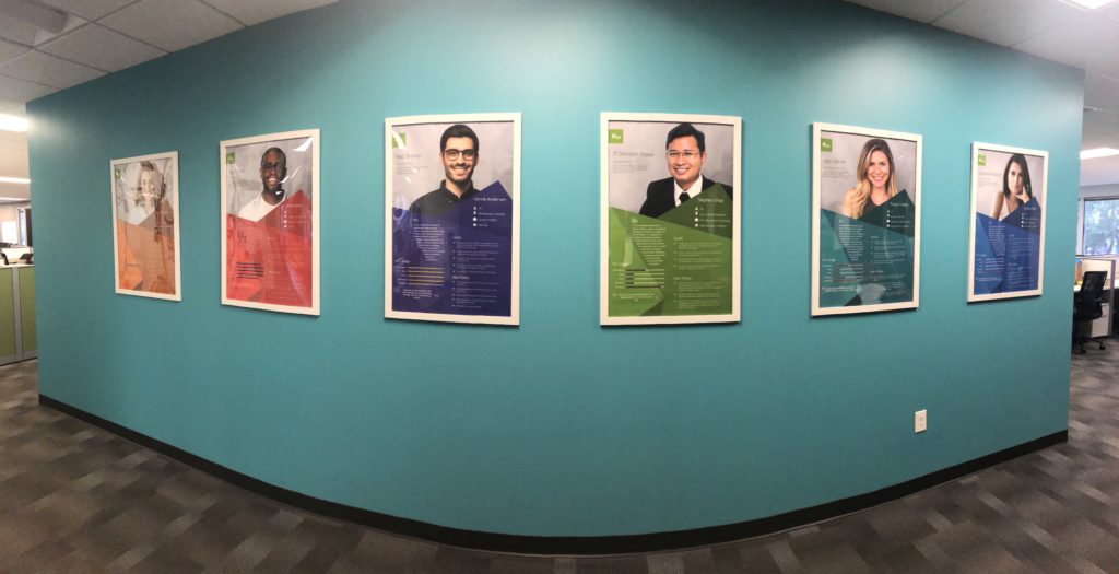 Wall of personas. Hung between product department and sales for people to read as they walk by.